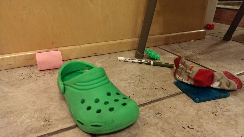 Emergency day end meeting with Croc, sock, marker and friends...they've been warned; what goes on in this house, stays in this house.